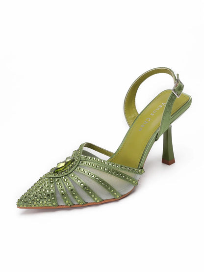 Elegant Fruit Green Women's Heels and Rhinestone Handbag Set - Italian Design for Weddings and Parties