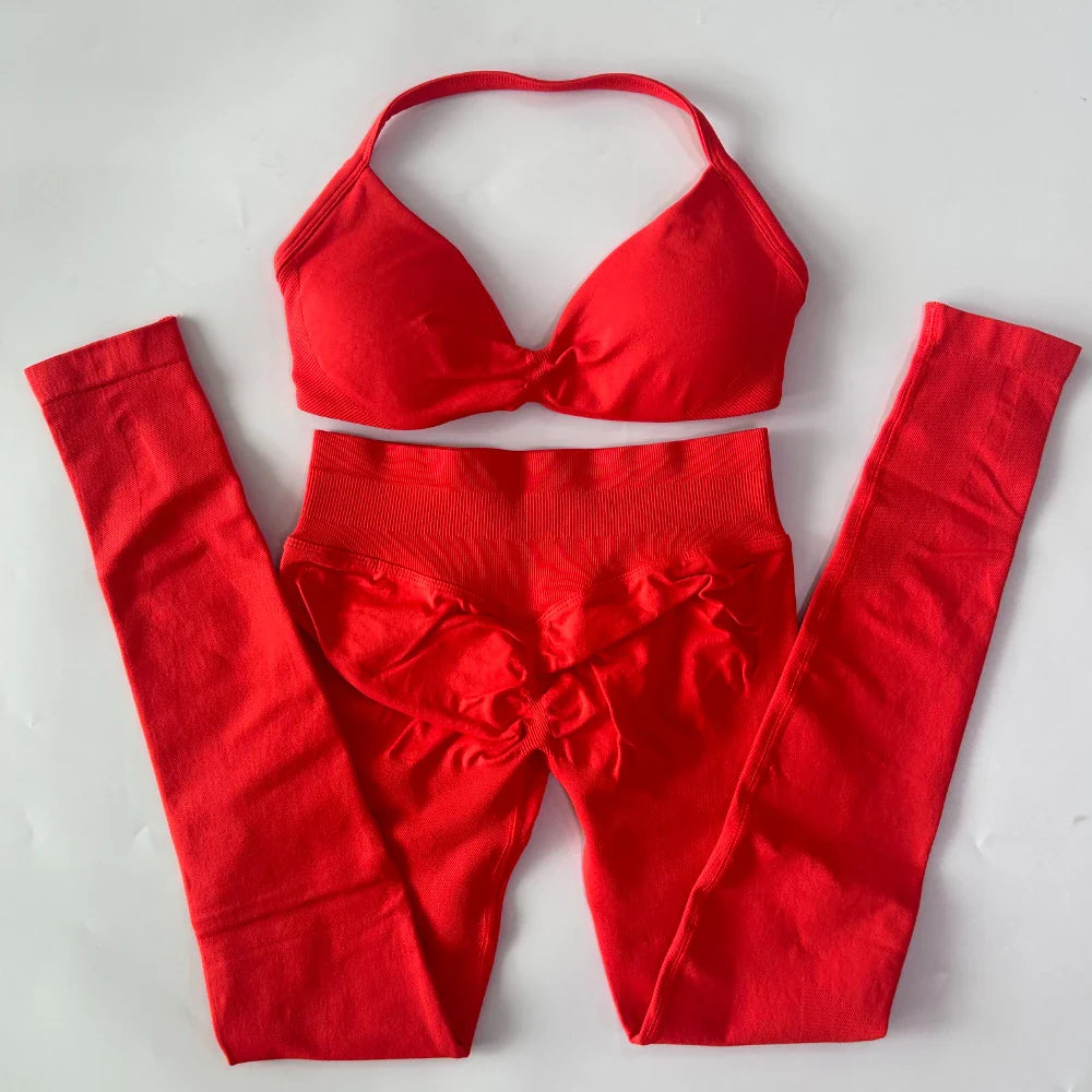2 Pieces Set For Woman Strappy Yoga Bra Sports Top Workout Leggings Set Seamless Gym Set Fitness Clothes Outfit Activewear