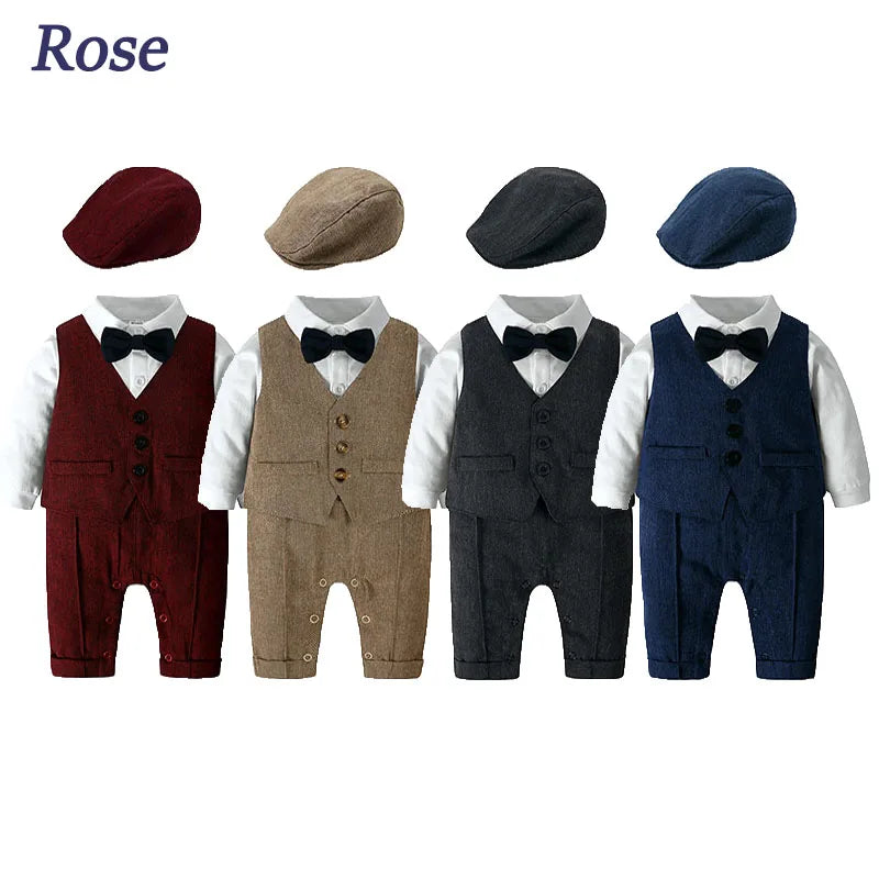 Toddler Gentleman Infant Baby Children Boys Clothes Set 3 Pcs Shirt Bow Tie Romper+Vest+Hat Newborn Dress Party Outfits Suit