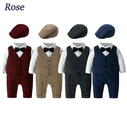 Toddler Gentleman Infant Baby Children Boys Clothes Set 3 Pcs Shirt Bow Tie Romper+Vest+Hat Newborn Dress Party Outfits Suit