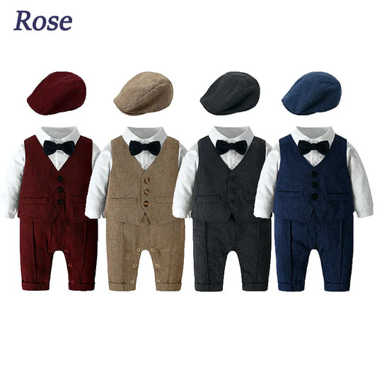 Toddler Gentleman Infant Baby Children Boys Clothes Set 3 Pcs Shirt Bow Tie Romper+Vest+Hat Newborn Dress Party Outfits Suit