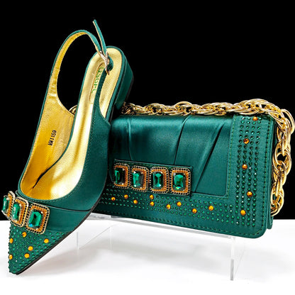 Italian Olive Pumps and Bag for Party 2024 INS Style Pointed-Toe Rhinestone Elegant Low Heels Wedge for Wome