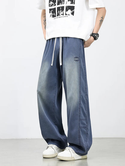 Summer Lyocell Men's Jeans Soft Elastic Washed Casual Pants Loose Lightweight Embroidery Wide Leg Straight Denim Trousers