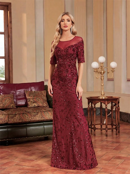 Vestido de Festa Formal Luxuoso com Gola Redonda, Tule e Paetês, Manga Curta, Para Casamento, Baile de Formatura, Coquetel, Sereia, Madrinha