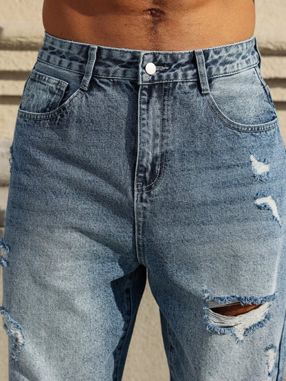 Men's blue ripped jeans, retro distressed beggar pants, street trend loose harem pants