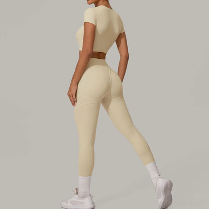 Gym Workout Yoga Fitness Sports Suit Short-sleeved Top Padded-free High-waisted Hip-lifting Trousers Outdoors Leisure Sportswear