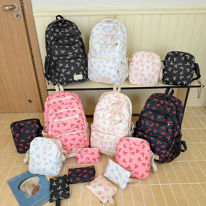 Korean Fashion Bow Print Women's Fashion Backpack Lightweight Simple Student Schoolbag Female Bag Set Three-Piece