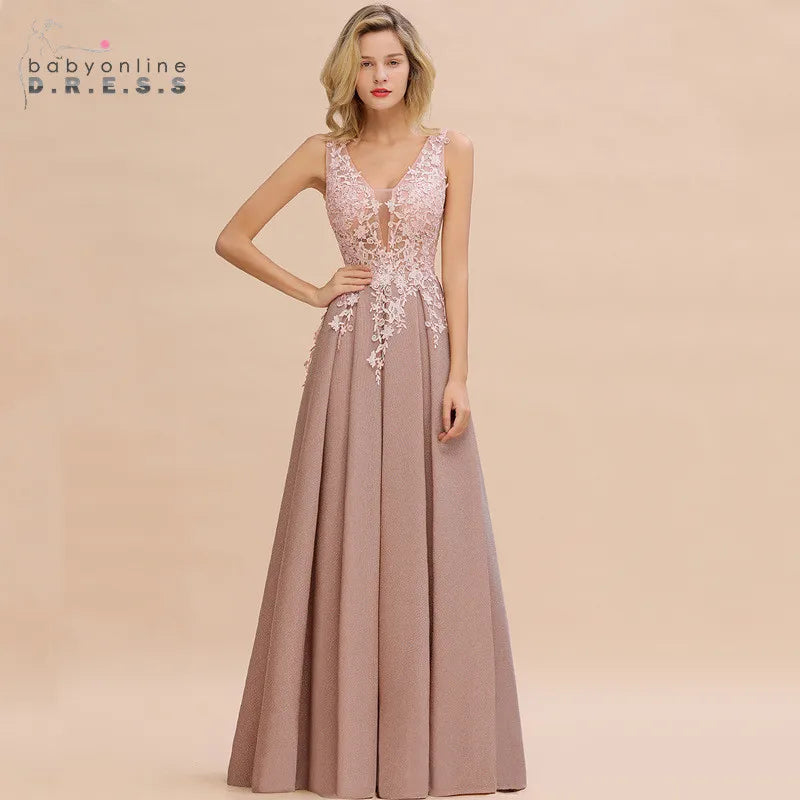 Dusty Pink Bridesmaid Dresses Appliques Lace V Neck Illusion Blue Burgundy Silver For Bride Wedding Party Prom Gowns Vestidos
