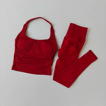Fitness Set, Long Halter Neck Back-Shaping Leggings, High-Waisted Butt-Lifting Breathable Training Pants for Women