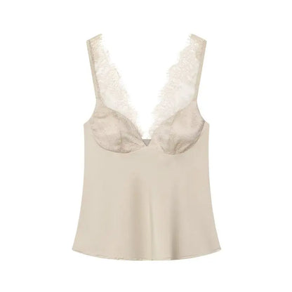 Women's Satin Lace Camisole - Sexy V-Neck Sleeveless Top for Summer, Perfect for Party & Beach Outfits, Comfortable Silky Feel