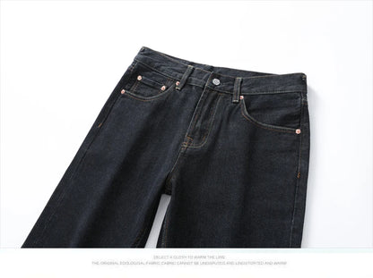 Men's Japanese Handmade Embroidered Cotton Jeans Straight Tube Slim Fit Hip-Hop Trousers Red Ear Detail Devil Big M Golden Text