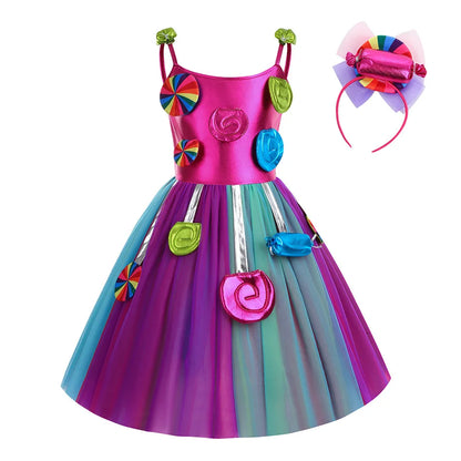 2026 New Candy Dress For Baby Girl Purim Carnival Birthday Costume Fancy Rainbow Short Sleeve Cute Dress + Accessories Set