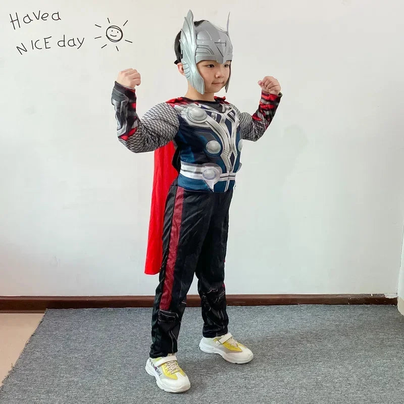 3pcs Kids Boys Thor Muscle Jumpsuit Cosplay Costumes Movies Character Superhero Halloween Children's Stage Performance Outfits