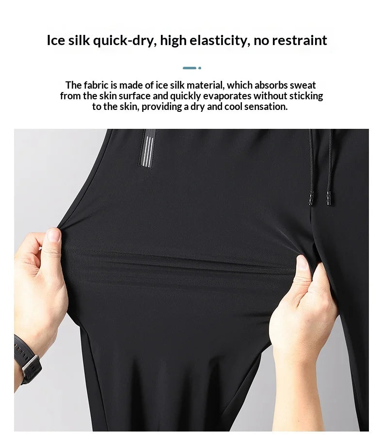 Men's Ice Silk Quick Dry Pants Lightweight Breathable Casual Trousers Elastic Waist Drawstring Sports Pants with Zipper Pockets