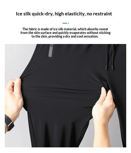 Men's Ice Silk Quick Dry Pants Lightweight Breathable Casual Trousers Elastic Waist Drawstring Sports Pants with Zipper Pockets