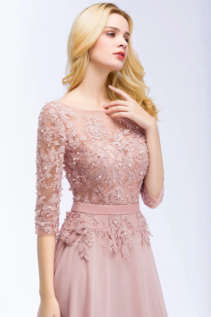 2024 Dusty Rose Evening Dresses Chiffon Appliques 3/4 Sleeves Banquet Formal Party Prom Gowns Maxi Robe De Soiree