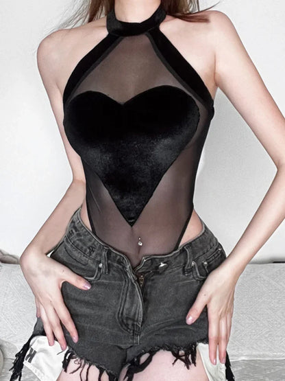 Flocking Heart Sexy Bodysuit Lingerie See Through Mesh One-pieces Body Feminino Sleeveless Bustier Black Tops Women Neck-mounted