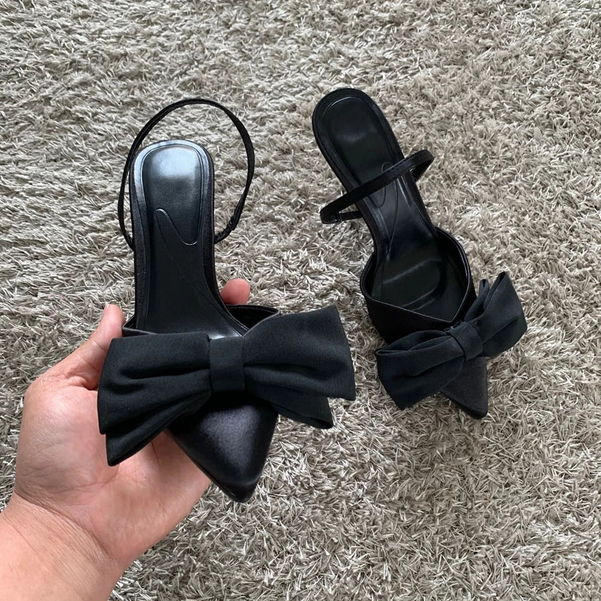 Black Butterfly-knot Stiletto Pumps 2025 Women Pointed Slingbacks High Heels New Sexy Fashion Party Lady Sandals Shoes