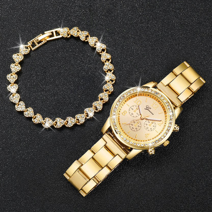 2PCS Women's Watch Fashion Rhinestone Ladies Analog Quartz Watches Bracelet Set Reloj Mujer Girls Clock Gift