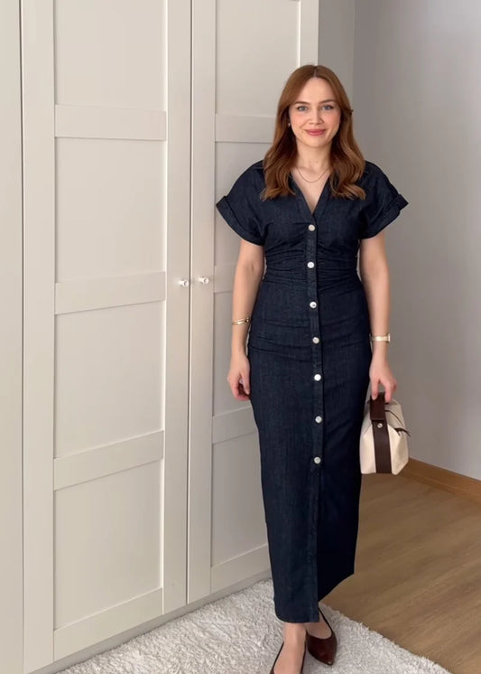 Spring New 1975 series denim MIDI dress with lapel side zipper fashion wrinkle waist slim elegant dress