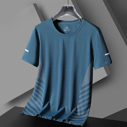 Camiseta de Corrida Masculina Verão Seda Gelo Fina Top Impressão Refletiva Secagem Rápida Manga Curta Respirável Fitness Esportiva Camiseta 5GG