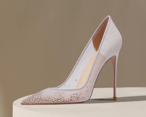 New Baotou sexy sandals with one buckle and summer mesh, rhinestone high heels for women, slim heels, shallow mouth