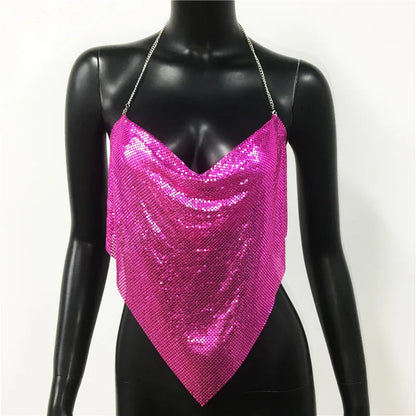 New Sexy Backless Metal Sequined Solid Camis Sleeveless Halter Hollow Out V Neck Adjustable Chain Women Nightclub Crop Tops