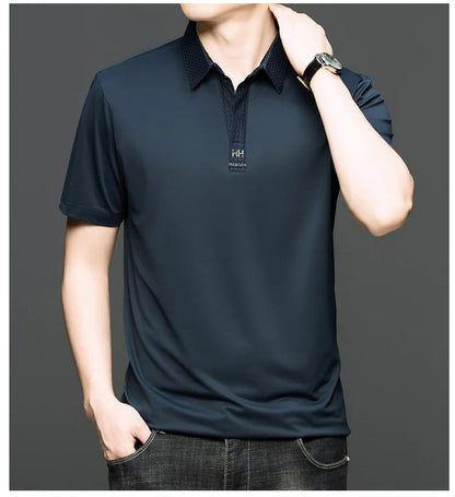 Fashion V-neck short sleeve T-shirt men's summer solid color silky smooth breathable personalized jacquard buttonless polo shirt
