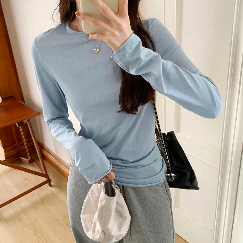 2026 Spring Autumn T shirt Women Tops Solid Slim Fit Long Sleeve O Neck Tshirts Female Casual Streetwear High Quality Base Tees