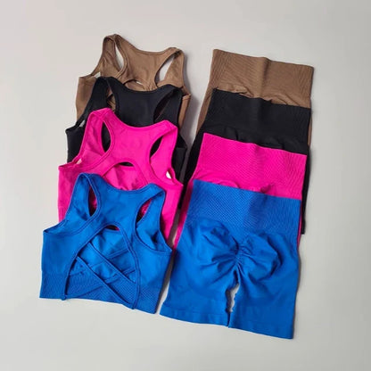 Women's yoga exercise set, paired with cross gathered back and high waisted hip lifting sports shorts