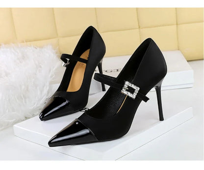Banquet High Heels Thin Heels Light Mouth Color-Blocked Pointed Toe Rhinestones One-Strip Ultra High Heels Single Shoes Elegant