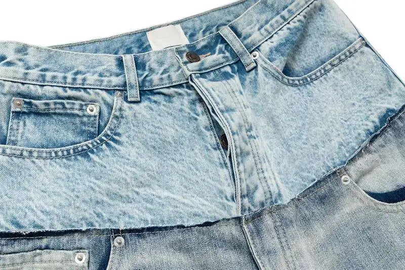 Niche Colorblock Patchwork Wide Leg Blue Jeans Men's Spring 2025 New Straight Double Waist Design Denim Trousers 28W6048