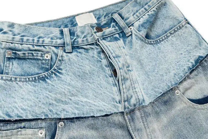 Niche Colorblock Patchwork Wide Leg Blue Jeans Men's Spring 2025 New Straight Double Waist Design Denim Trousers 28W6048