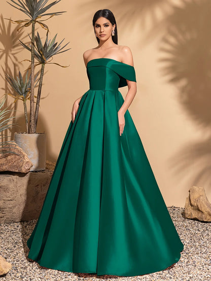 Off-the-shoulder satin dress with back tie, elegant and chic dress