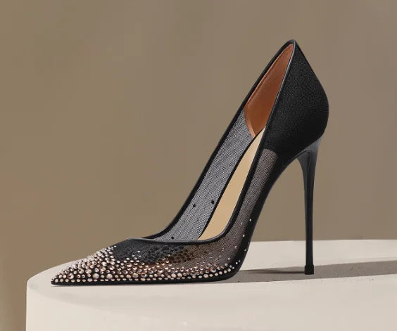 New summer black mesh rhinestone high heels for women, slim heels, shallow toe, sexy sandals with a single buckle strap