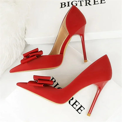 2024 Women 10.5cm High Heels Sweet Korean Side Hollow Pumps Lady Party Purple Green Kawaii Bowknot Heels Prom Silk Satin Shoes