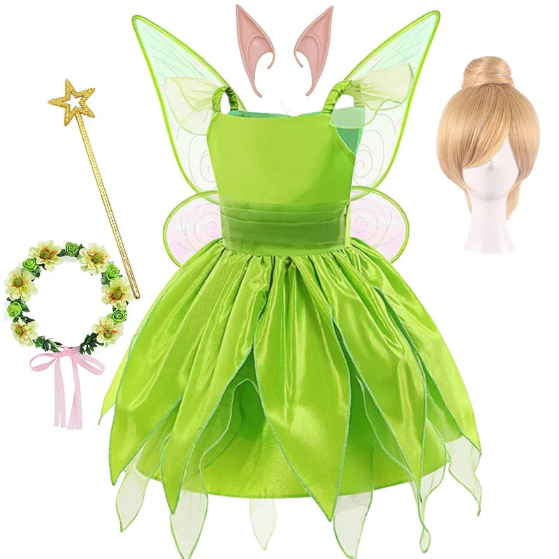 Girls Cosplay Green Fairy Tinker bell Dress Kids Princess Flower Fairy Wings Costume Party Tinkerbell Tinker Bell Dresses