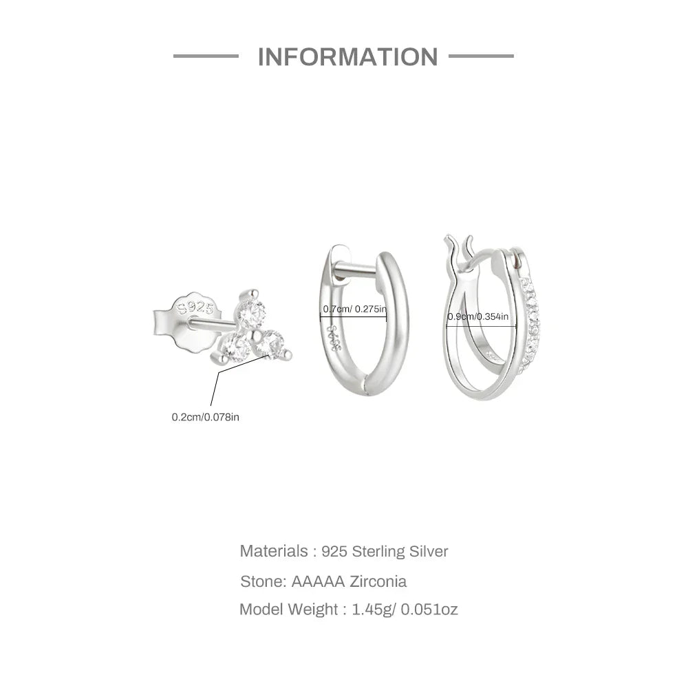 Aide 3pcs Set 925 Sterling Silver Double Gold Hoop Mini Zircon Stud Earrings For Women Hypoallergic Elegant INS Piercing Jewelry