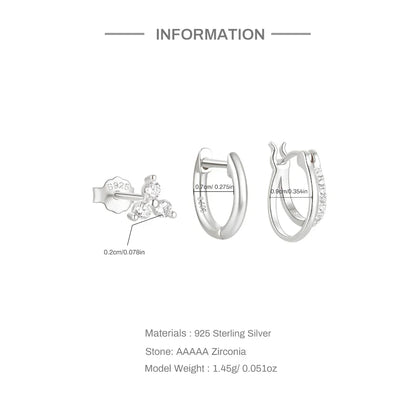 Aide 3pcs Set 925 Sterling Silver Double Gold Hoop Mini Zircon Stud Earrings For Women Hypoallergic Elegant INS Piercing Jewelry