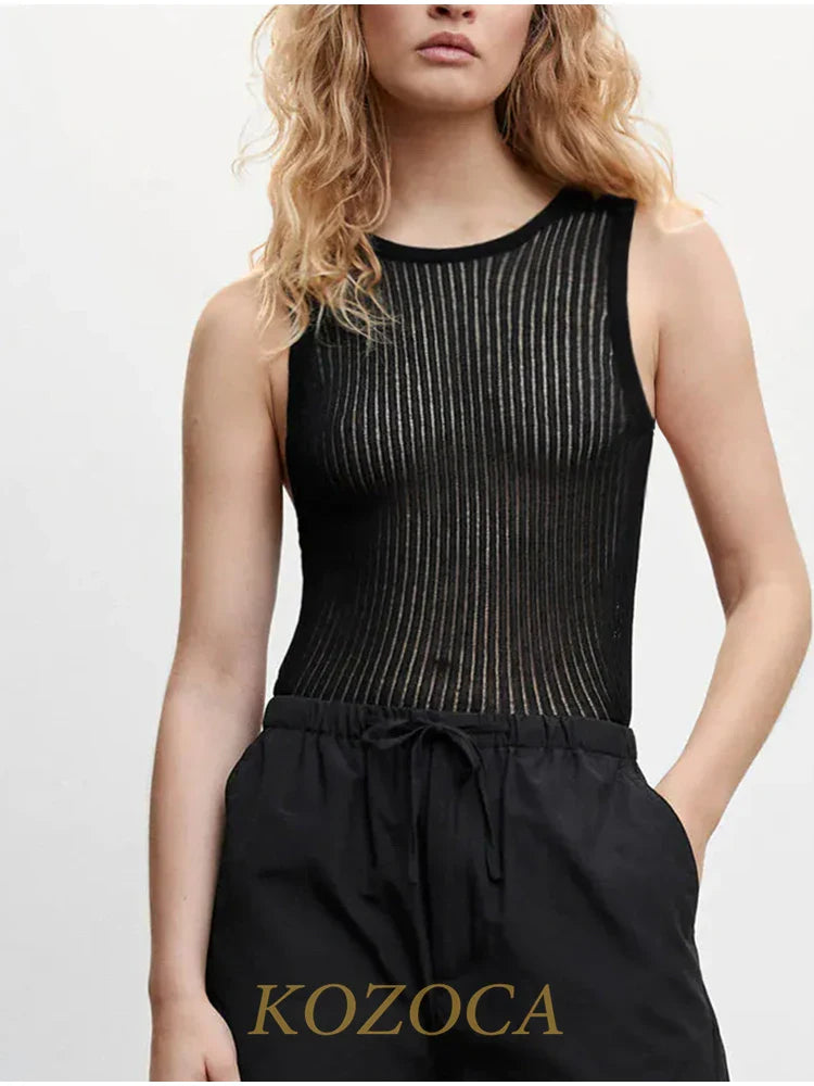 100% Wool Chic Solid Tanks Elegant Striped See Through Hollow Out Women Tops Sleeveless Elastic Tops Club Party Clothes