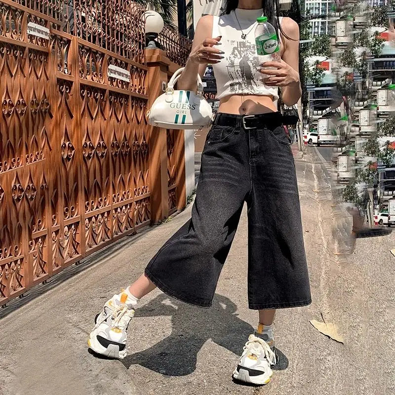 Verão American Style Vintage Feminino Jeans Folgado Y2k Solto Lavado Cintura Alta Calça Jeans Comprimento Joelho Streetwear Shorts Perna Larga