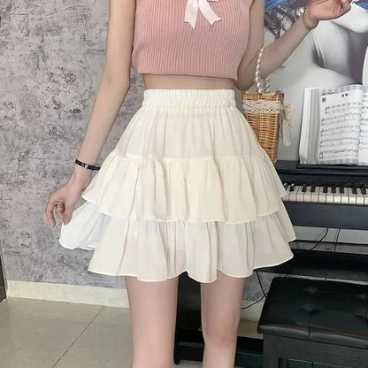 Girls White Puffy A-Line Mini Skirt Spring Summer Fresh Sweet Style Polyester Fabric Short Half-Length Baked Cake Skirt