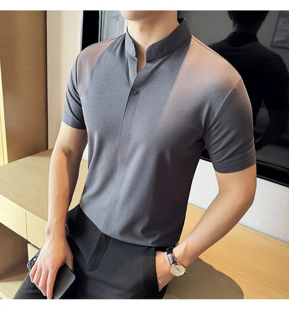 Men's High Elastic V-neck Polo Shirt, Thin Short-sleeve T-shirt, Business Casual Men's Top, 2024 High Quality, M-4XL.