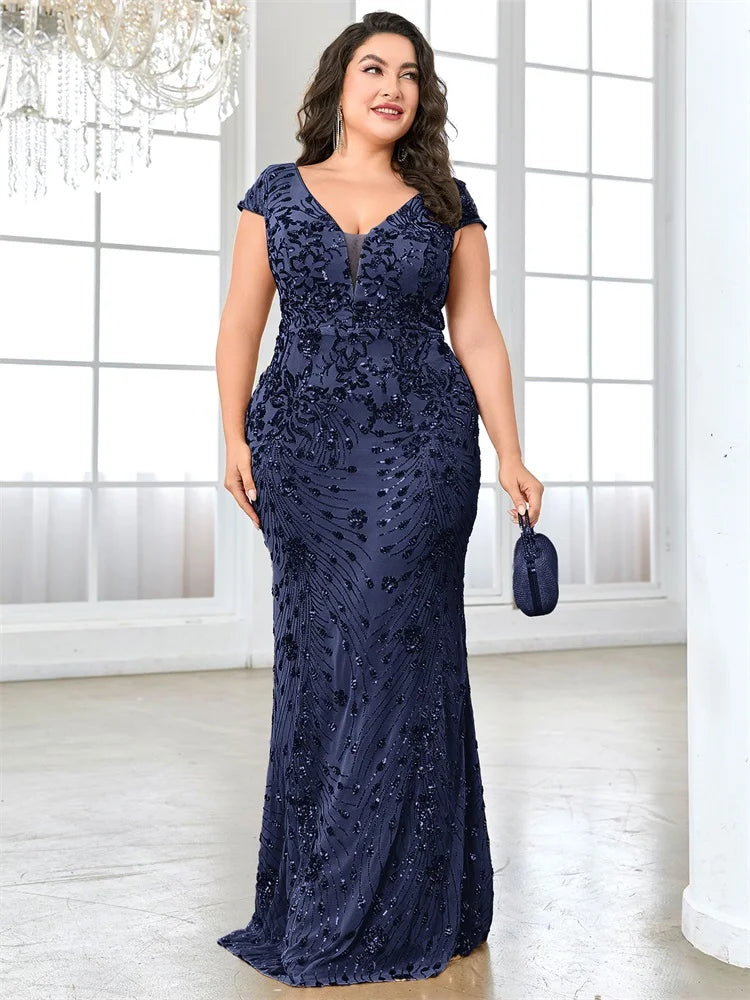 Vestidos de Noite Elegantes Rosa Plus Size com Decote em V e Lantejoulas até o Chão, com Manga Curta, para Madrinhas, Festas e Coquetéis