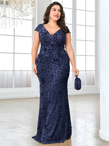 Vestidos de Noite Elegantes Rosa Plus Size com Decote em V e Lantejoulas até o Chão, com Manga Curta, para Madrinhas, Festas e Coquetéis