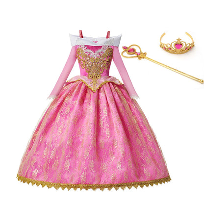 Luxury Girls Princess Costume Ball Gown Dress Fancy Birthday Carnival Party Off Shoulder Golden Applique Children Outfits Dress