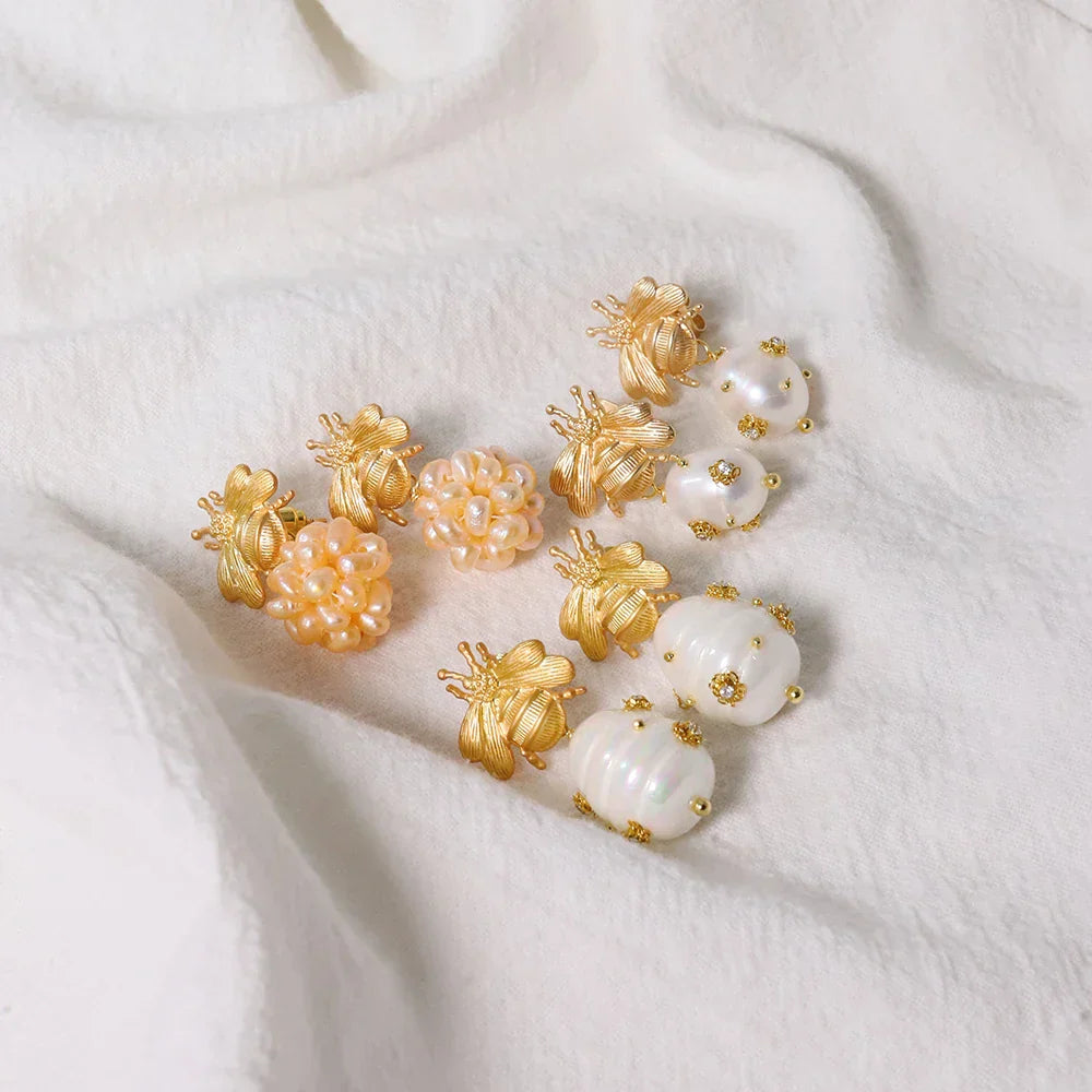 Bee And  With Natural Pearls Pearl Earrings 18K Gold Plated Jewelry Korean Designer Jewelry Earrings Gifts For Girlfriend