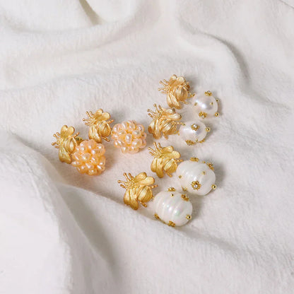 Bee And  With Natural Pearls Pearl Earrings 18K Gold Plated Jewelry Korean Designer Jewelry Earrings Gifts For Girlfriend