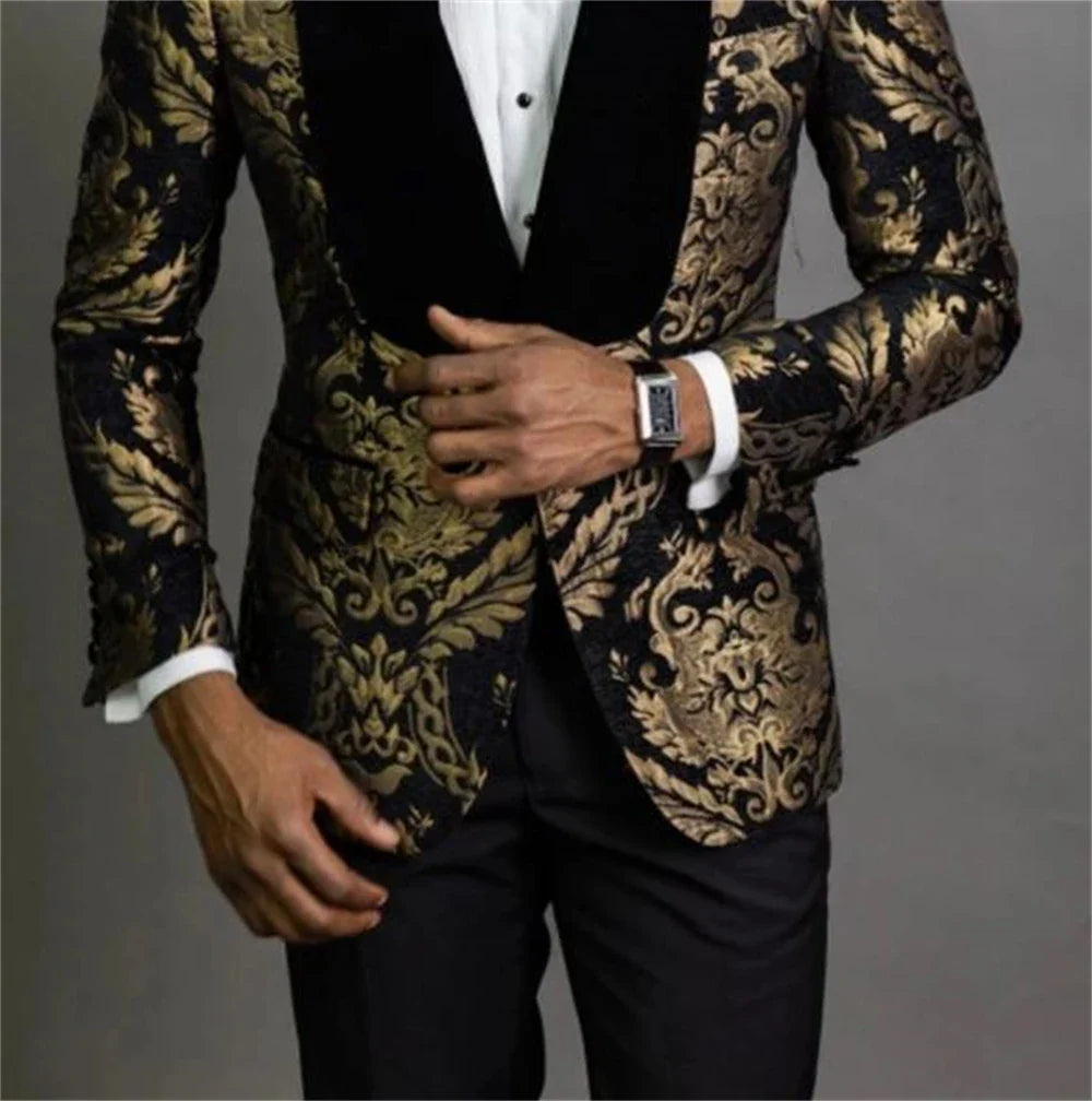 Fast Ship New Year Celebration Blue Gold Pattern Boys Suit Luxurious Ornate Boys Suit FormalKids Tuxedo Set Blazer Vest Pants