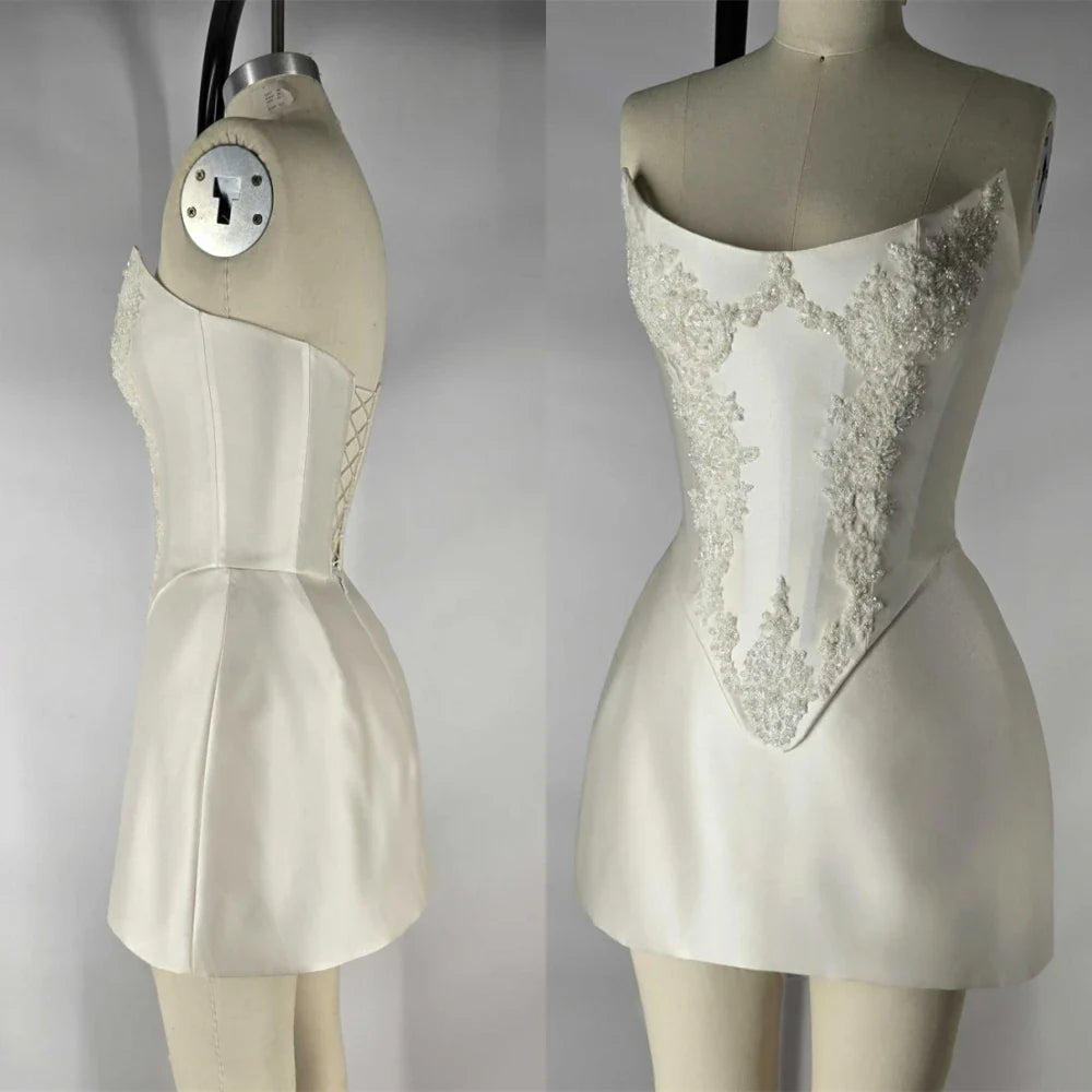 Customized Elegant White Satin Exquisite Appliques Wedding Dress Fashion Bridal Party Sexy Strapless Delicate Bridal Gowns